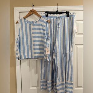 LC Lauren Conrad Blue and White Striped Wide Leg Jumpsuit